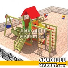 BZ-301034 Gondol Salıncaklı Tamburlu Tırmanmalı 1 Kuleli Ahşap Oyun Grubu