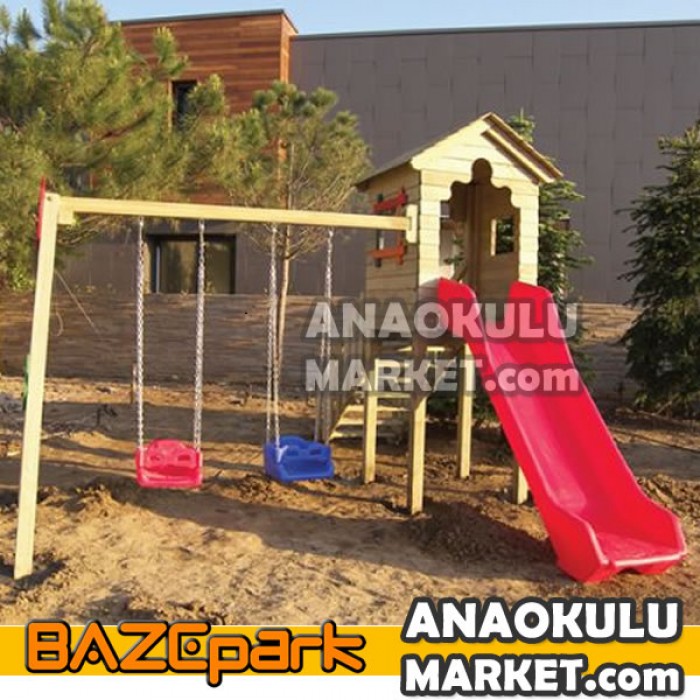 BZ-301216 Natürel Ev Park 1 Kuleli Ahşap Oyun Grubu